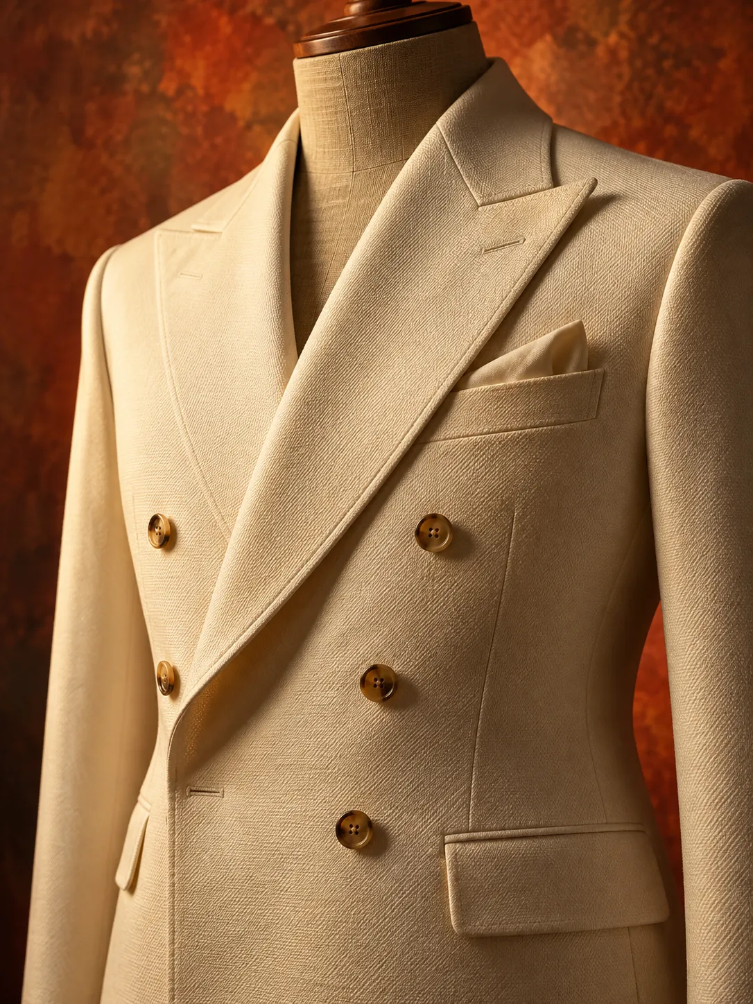 Ivory double-breasted suit, close-up