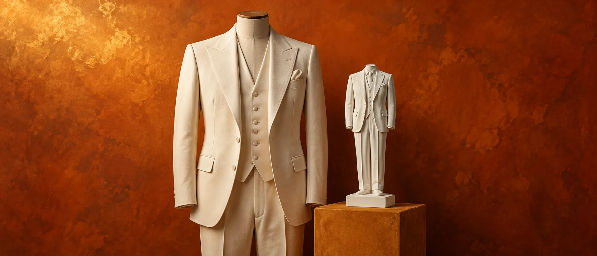 Cream peak-lapel suit beside its plaster sculpture
