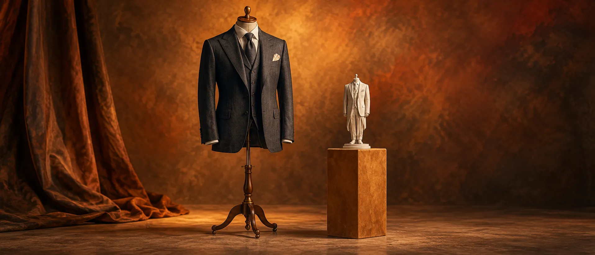 Charcoal three-piece suit beside its sculpture
